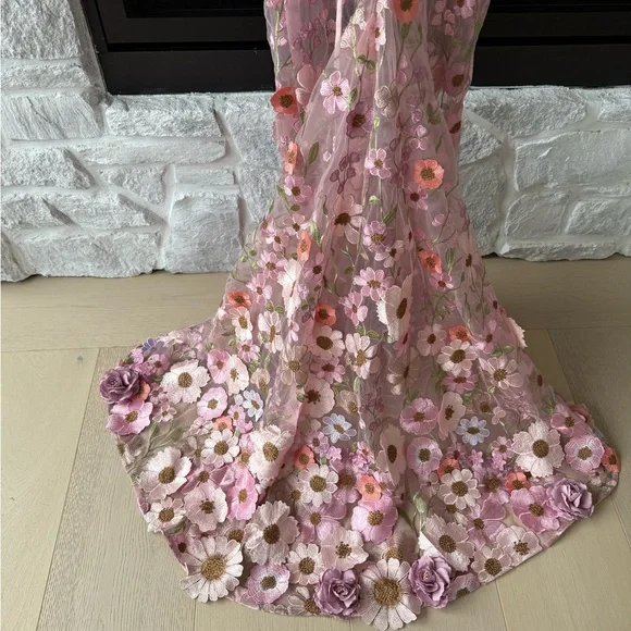 Floral Mesh Gown with 3D Flowers - Picture 4 of 9